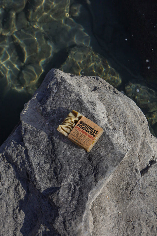A bar of soap on a rock near water.