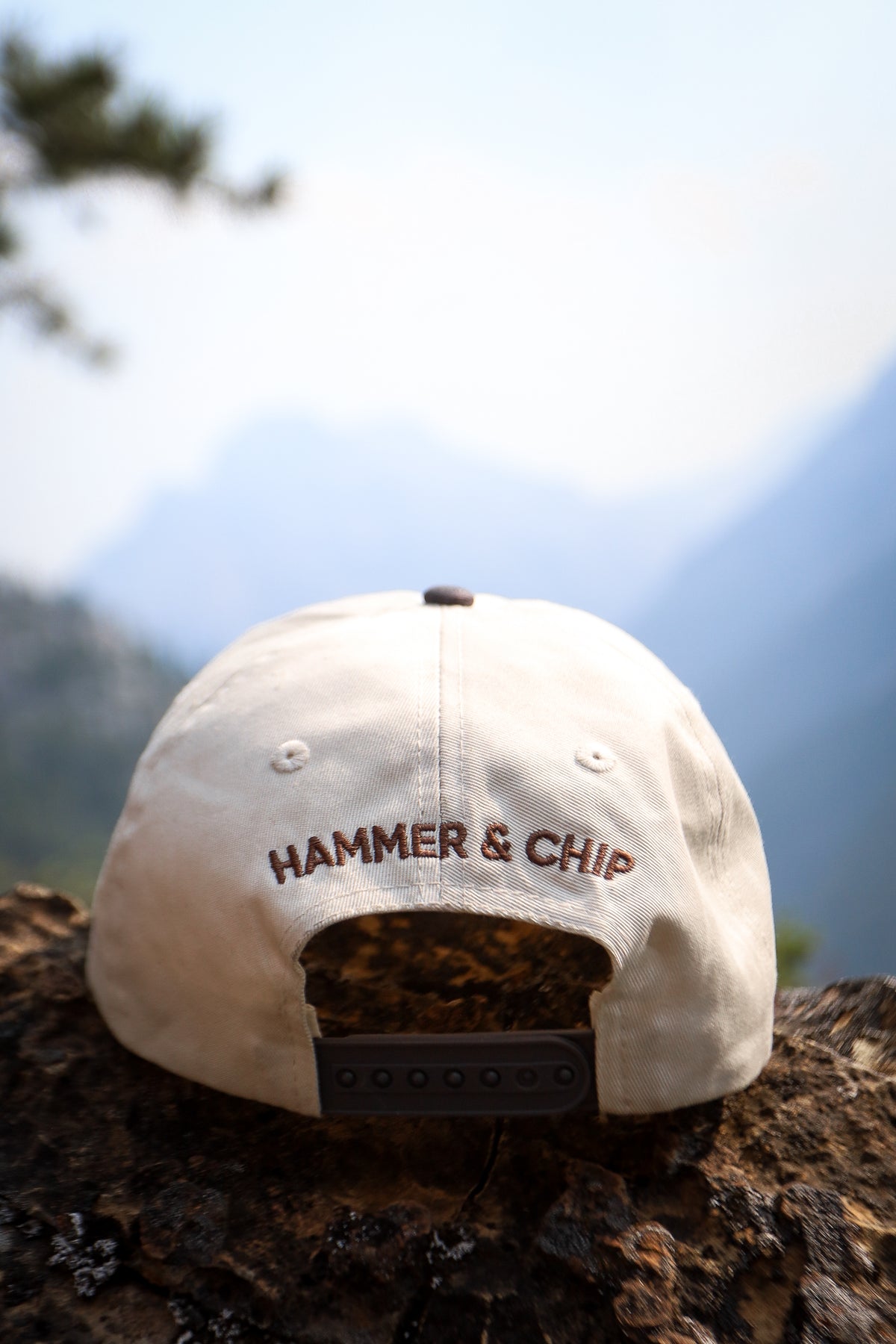 A beige baseball cap with 'HAMMER & CHIP' embroidered in brown on the back, resting on a tree stump with a blurred mountain background.